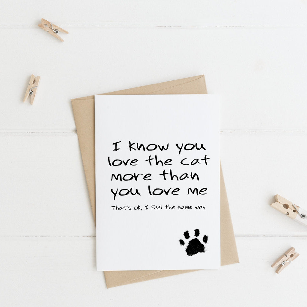 i know you love the cat more than you love me, thats ok, i feel the same way. valentines day animal greeting card
