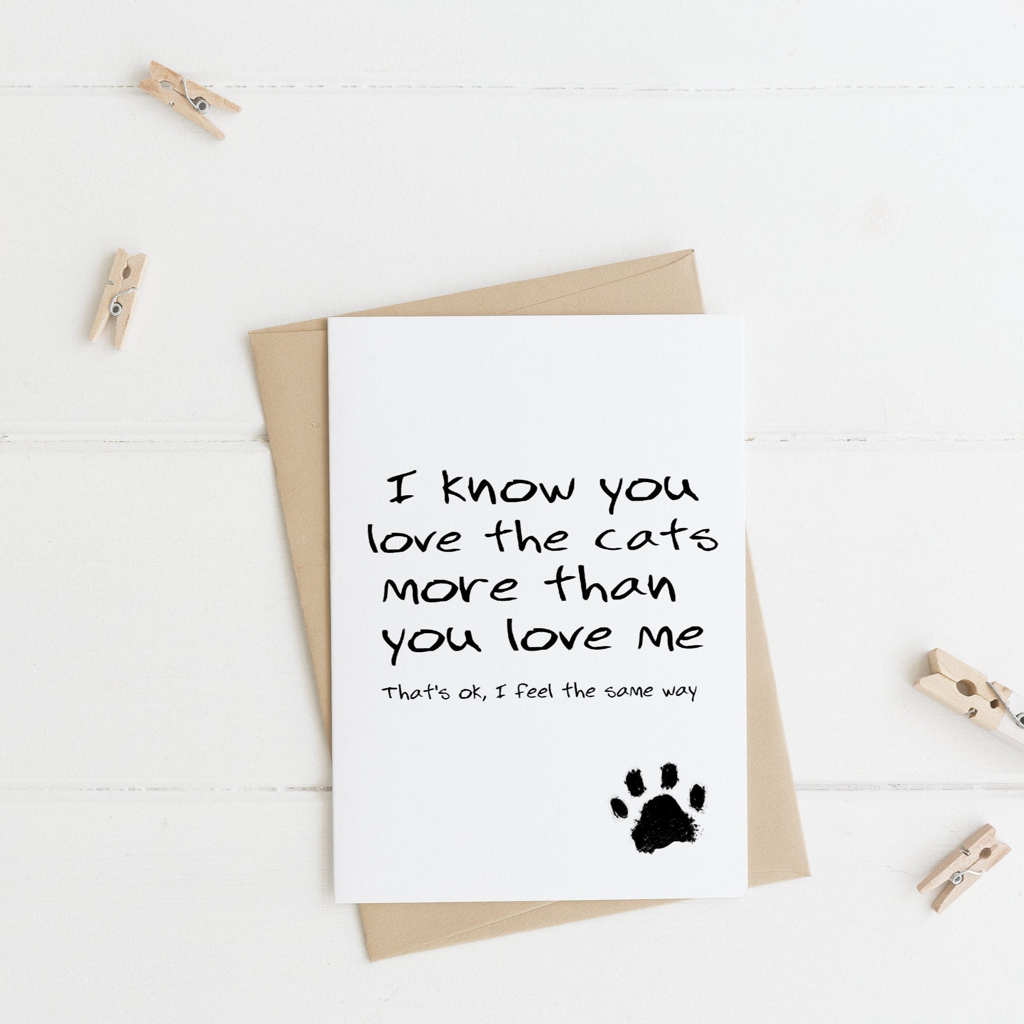 i know you love the cats more than you love me, thats ok, i feel the same way. valentines day animal greeting card