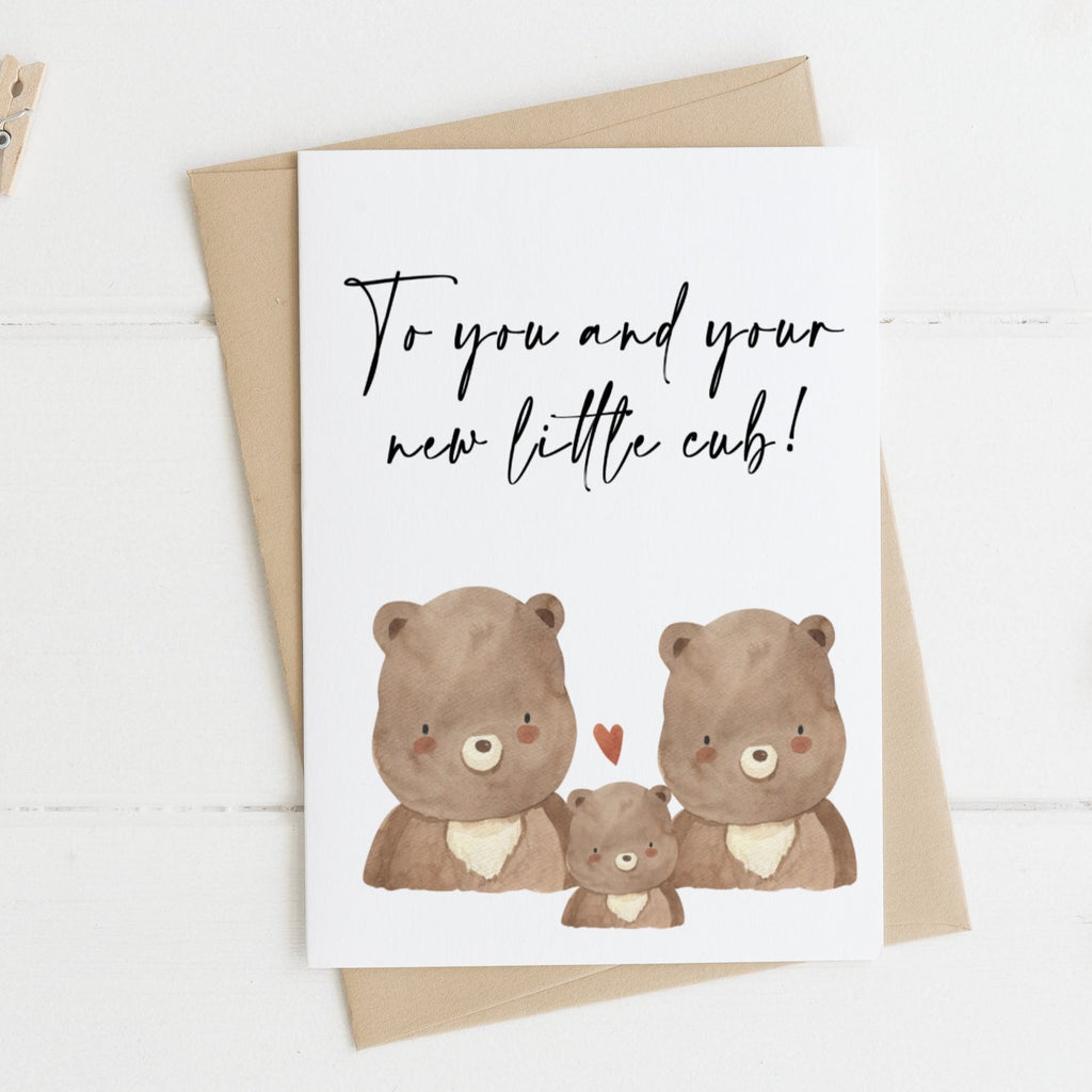 To you and your new little cub new baby card ireland. White card with recycled brown envelope and three bears